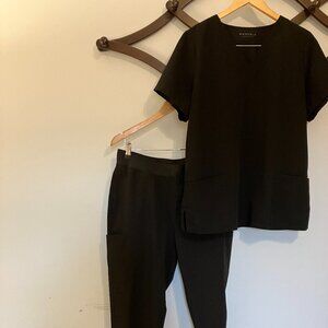 Mandala Scrub Set Womens Large Black Two Pocket Top Jogger Pants Stretch